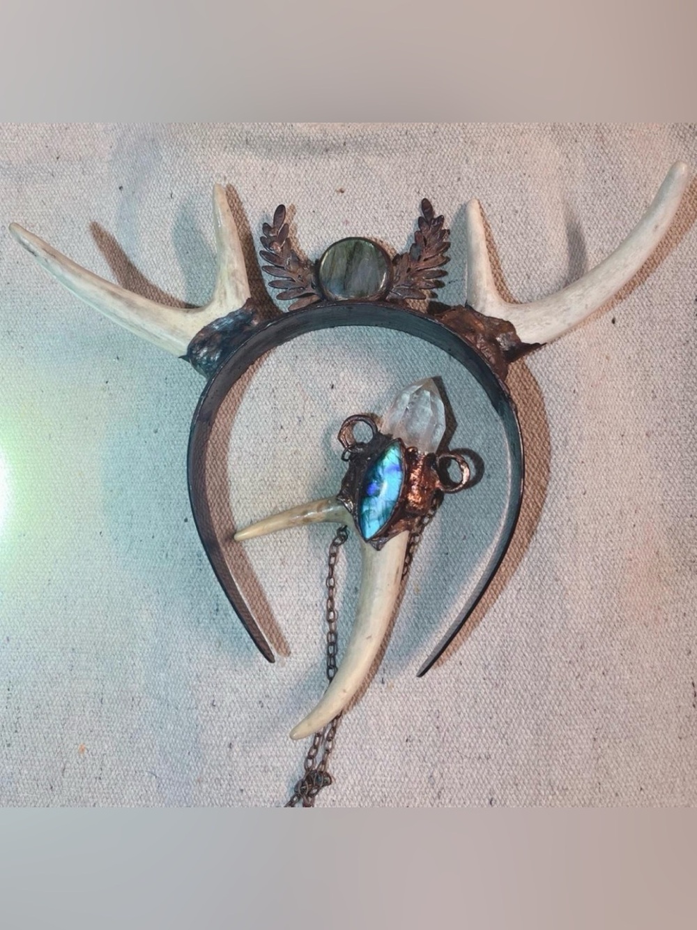 Deer Antler Crown Headpiece with Labradorite Accent and matching Antler pendant
